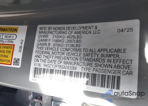 2025 Honda Accord Hybrid Sport-L z USA, uszkodzony, nr VIN 1HGCY2F78SA043084